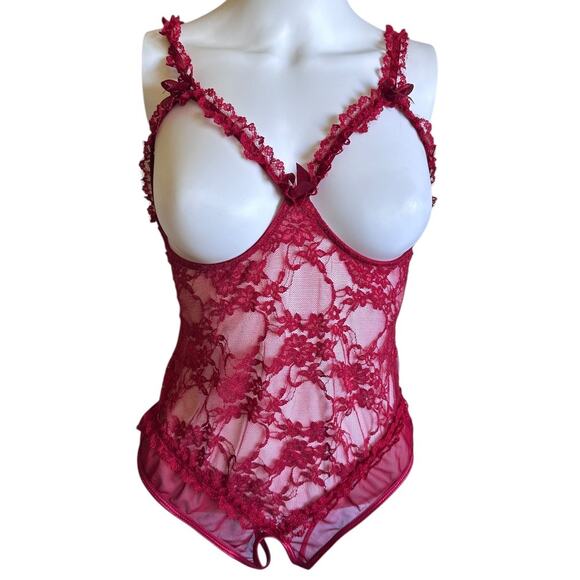 Erotic Red Lace Open Bust Hollow Out Open Crotch Bodysuit Sexy Lingerie - Picture 8 of 9